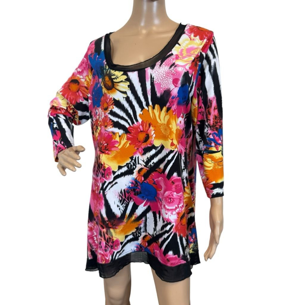 Women's Investments Plus Size Floral Tunic Top Zebra Print Mesh Sleeve